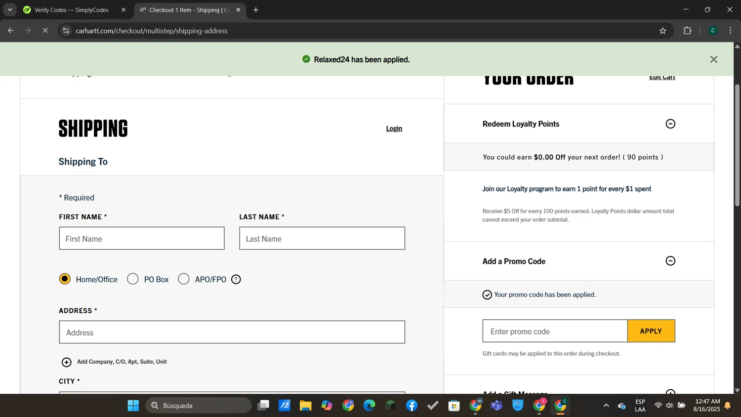 Carhartt promo code screenshot showing code Relaxed24 applied at Carhartt checkout page. Uploaded by SimplyCodes community member neygoot on Aug 16, 2025
