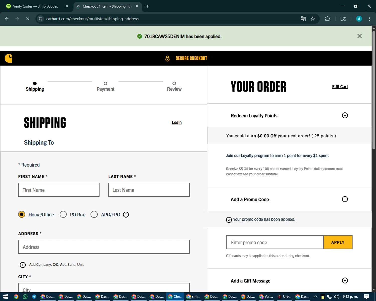 Carhartt promo code screenshot showing code 7018CAW25DENIM applied at Carhartt checkout page. Uploaded by SimplyCodes community member CodeMaverick5767 on Aug 24, 2025