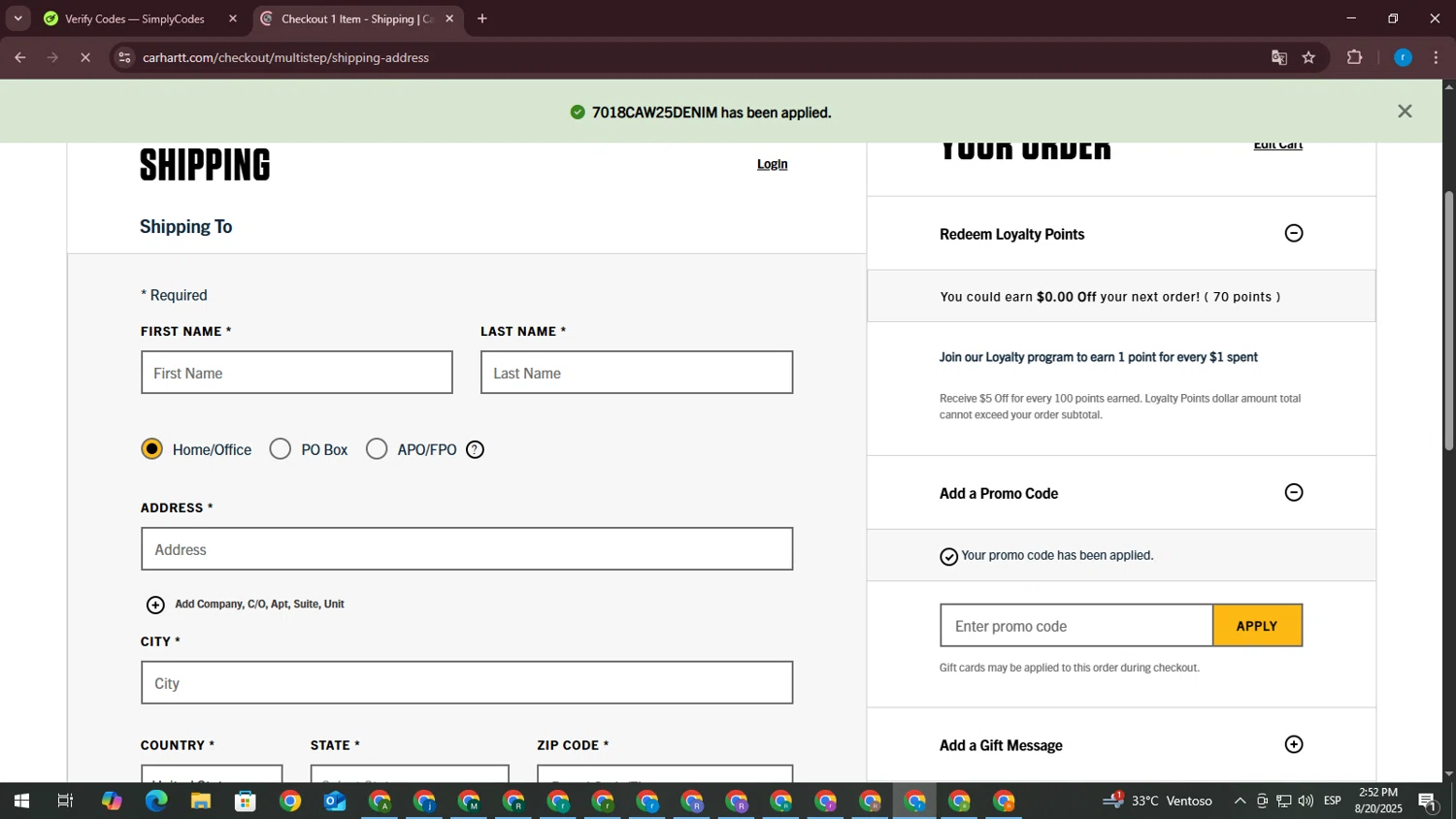 Carhartt promo code screenshot showing code 7018CAW25DENIM applied at Carhartt checkout page. Uploaded by SimplyCodes community member RewardVoyager146 on Aug 20, 2025