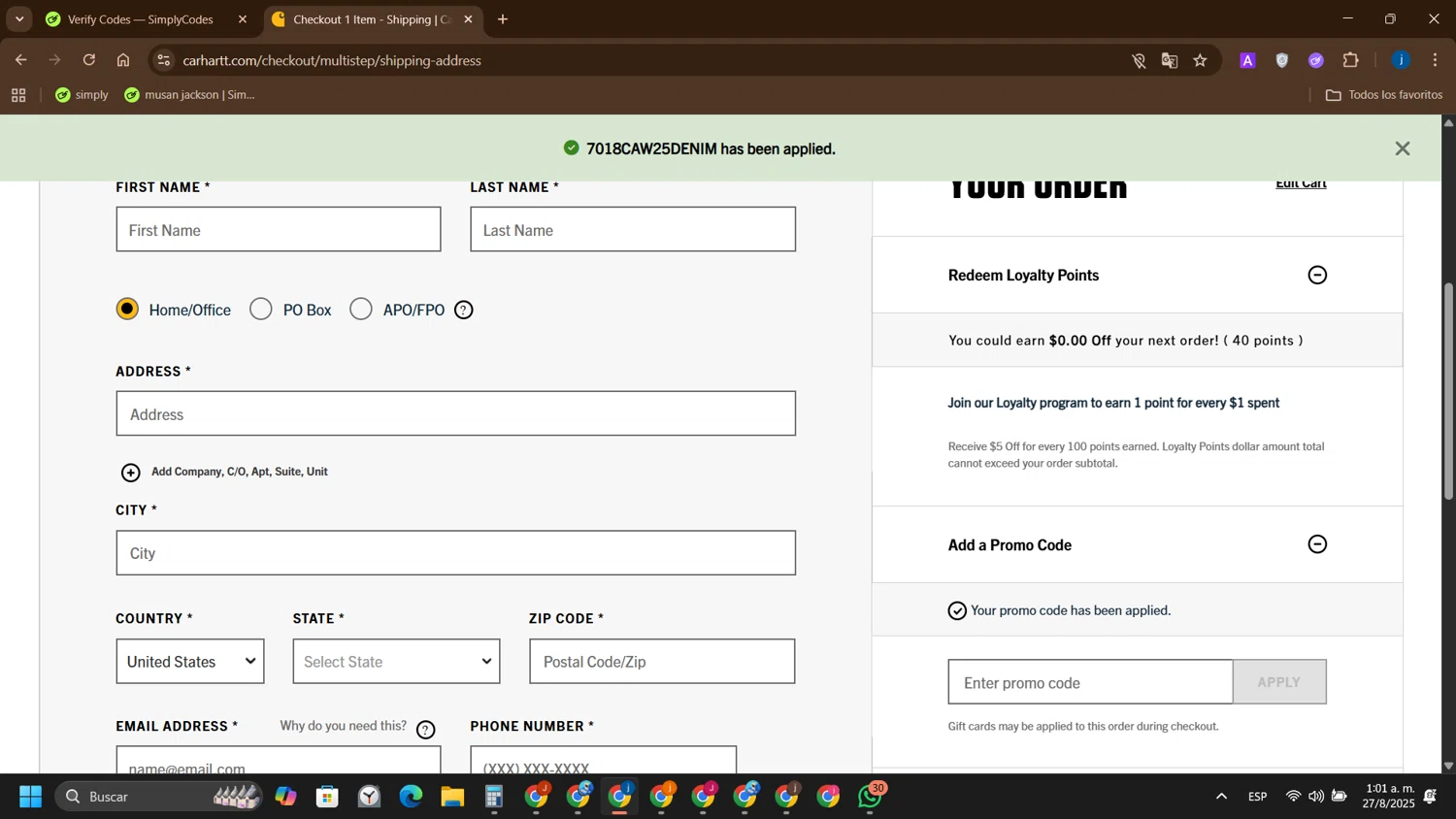 Carhartt promo code screenshot showing code 7018CAW25DENIM applied at Carhartt checkout page. Uploaded by SimplyCodes community member yameteqdasai on Aug 27, 2025
