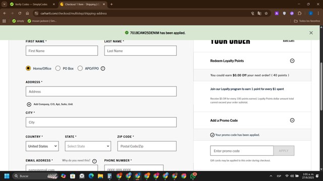 Carhartt checkout page showing Carhartt promo code box | Screenshot taken by SimplyCodes community member on Aug 27, 2025