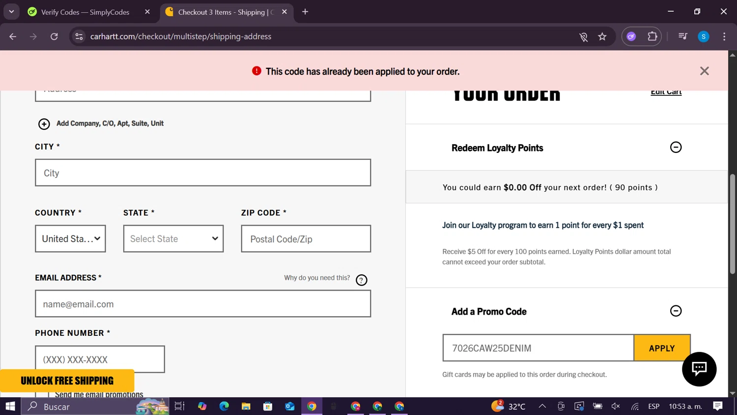 Carhartt promo code screenshot showing code 7026CAW25DENIM applied at Carhartt checkout page. Uploaded by SimplyCodes community member CodeExpert981 on Jul 23, 2025