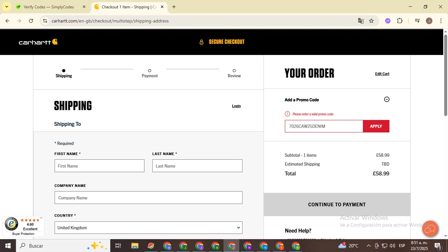 Carhartt promo code screenshot showing code 7026CAW25DENIM applied at Carhartt checkout page. Uploaded by SimplyCodes community member ValiantHero2365 on Jul 23, 2025