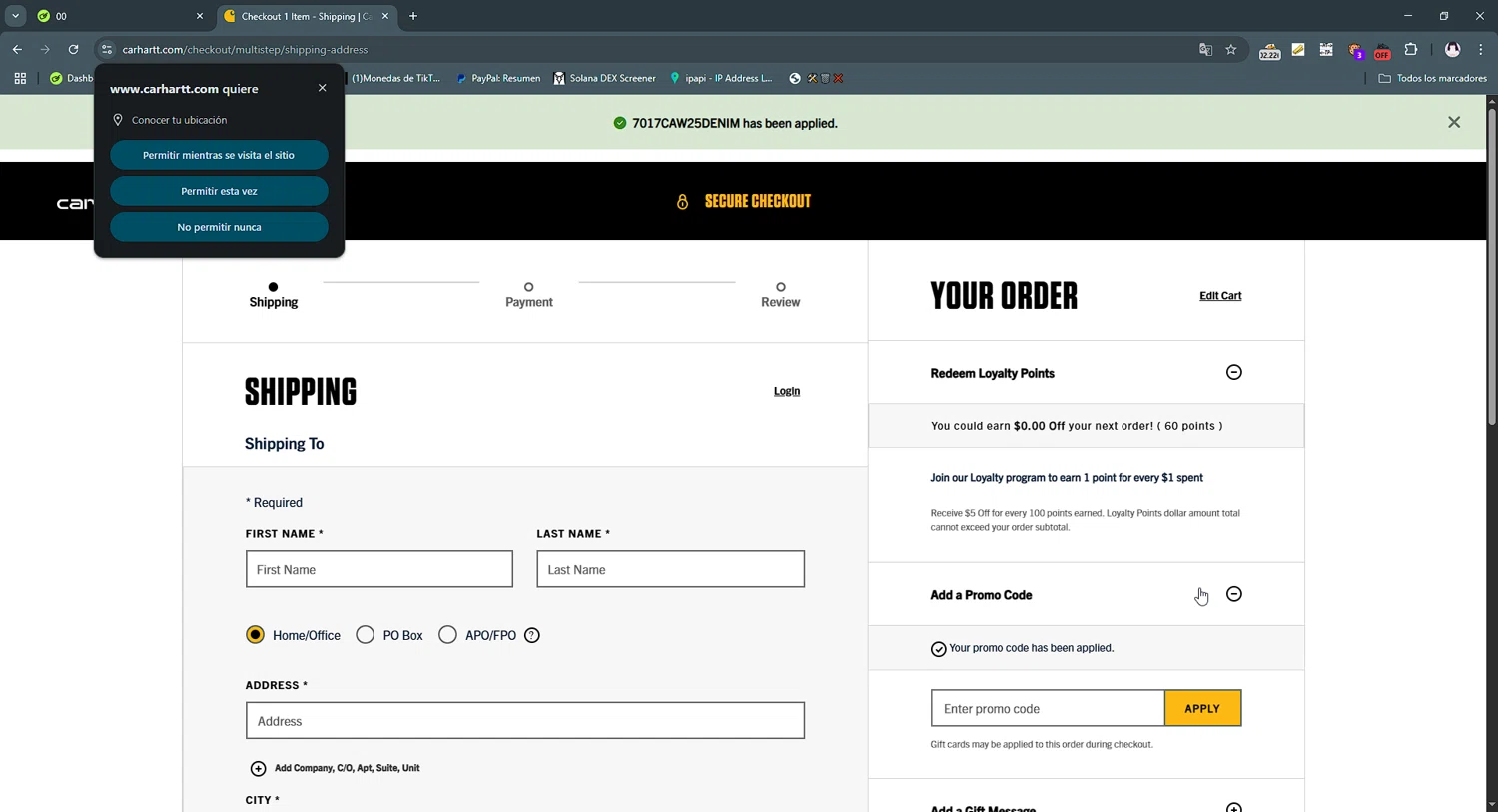 Carhartt promo code screenshot showing code 7017CAW25DENIM applied at Carhartt checkout page. Uploaded by SimplyCodes community member gribethr on Aug 6, 2025