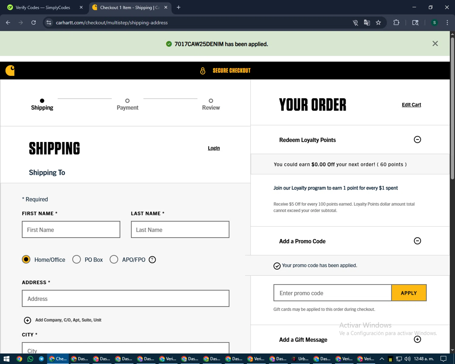 Carhartt promo code screenshot showing code 7017CAW25DENIM applied at Carhartt checkout page. Uploaded by SimplyCodes community member lilMosey on Aug 26, 2025