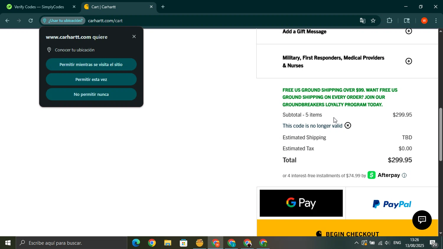 Carhartt promo code screenshot showing code 7017CAW25DENIM applied at Carhartt checkout page. Uploaded by SimplyCodes community member wilferji on Aug 13, 2025