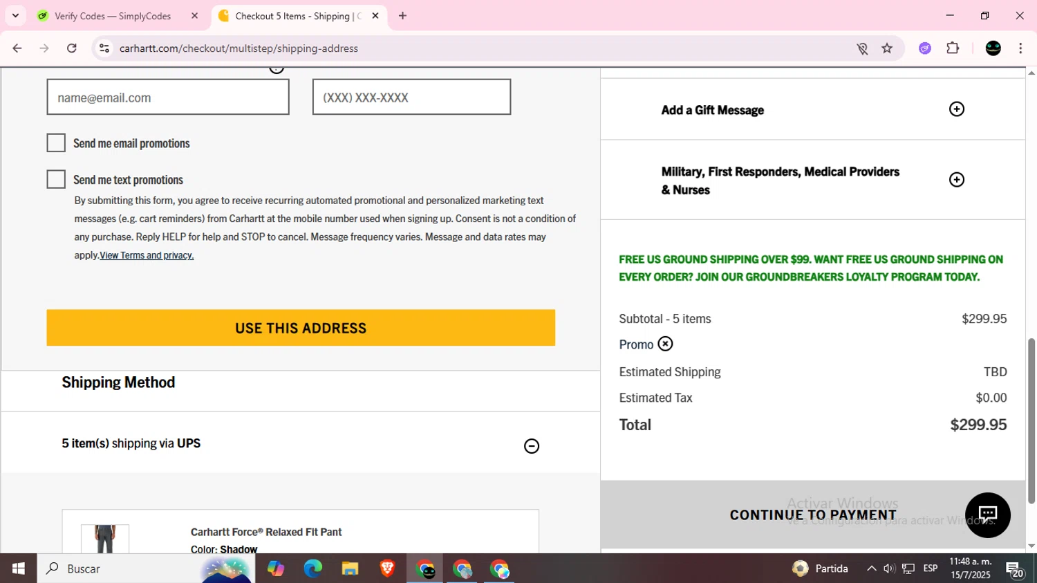 Carhartt promo code screenshot showing code 7009caw15rugged applied at Carhartt checkout page. Uploaded by SimplyCodes community member BargainWizard5755 on Jul 15, 2025