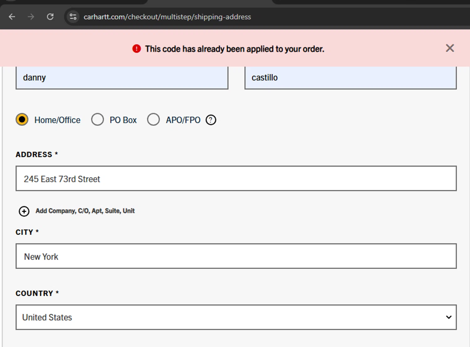 Carhartt promo code screenshot showing code 7009caw15rugged applied at Carhartt checkout page. Uploaded by SimplyCodes community member SmartVoyager1455 on Jul 23, 2025