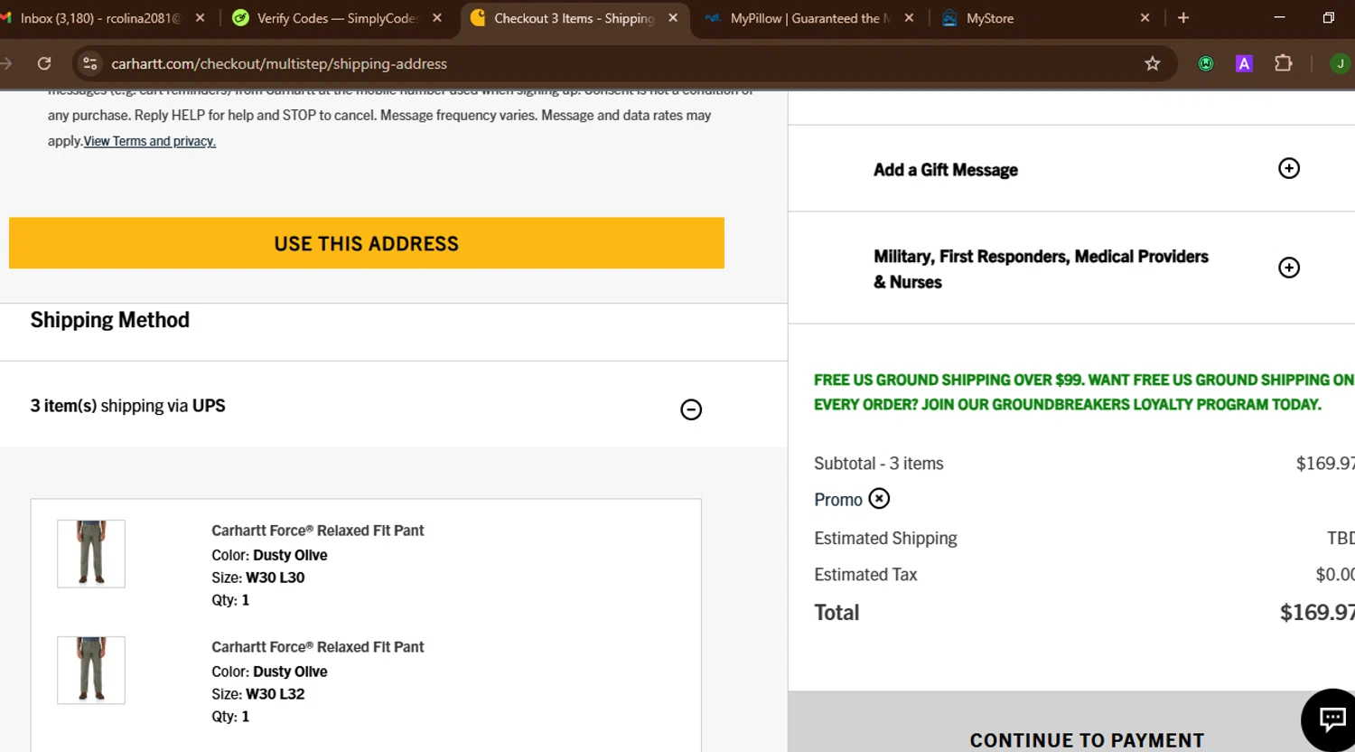 Carhartt promo code screenshot showing code 7009caw15rugged applied at Carhartt checkout page. Uploaded by SimplyCodes community member SnoopDogg on Aug 2, 2025