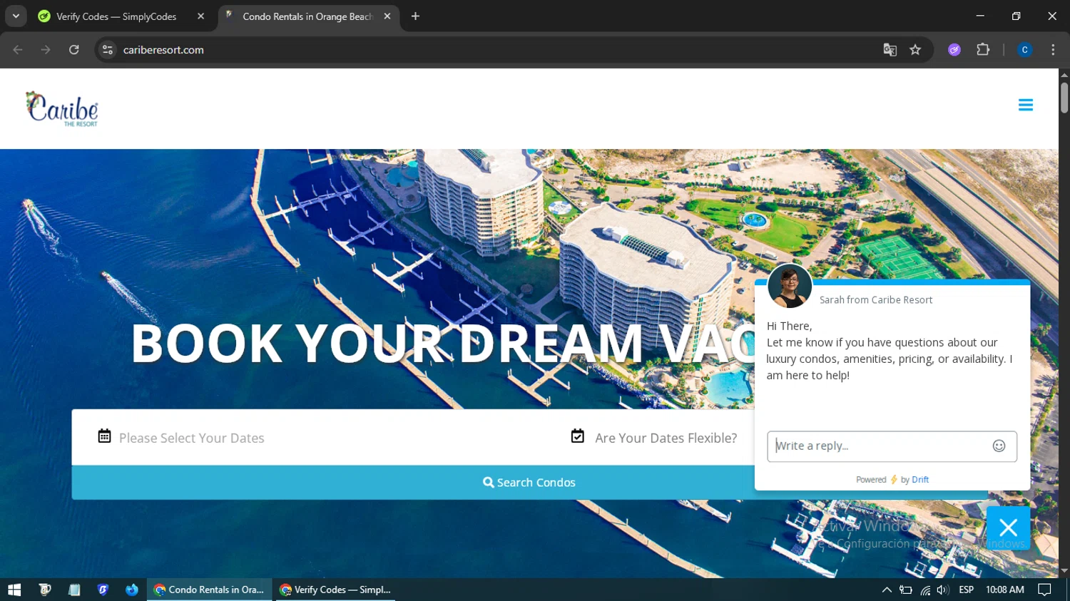 Caribe Resort promo code screenshot showing code WELCOME20 applied at Caribe Resort checkout page. Uploaded by SimplyCodes community member BargainExpert7605 on Aug 14, 2025