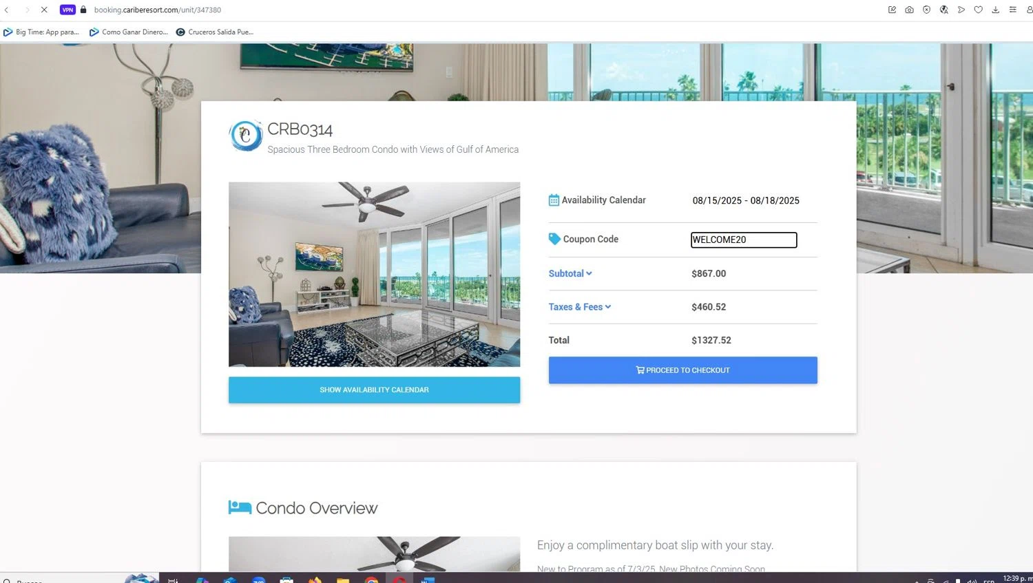 Caribe Resort promo code screenshot showing code WELCOME20 applied at Caribe Resort checkout page. Uploaded by SimplyCodes community member SmartVirtuoso291 on Aug 14, 2025