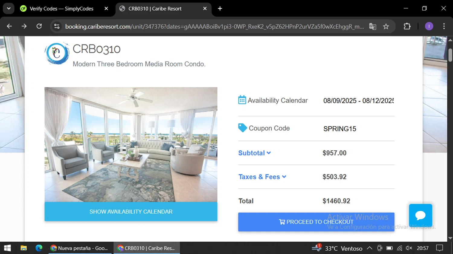 Caribe Resort checkout page showing Caribe Resort promo code box | Screenshot taken by SimplyCodes community member on Jul 29, 2025