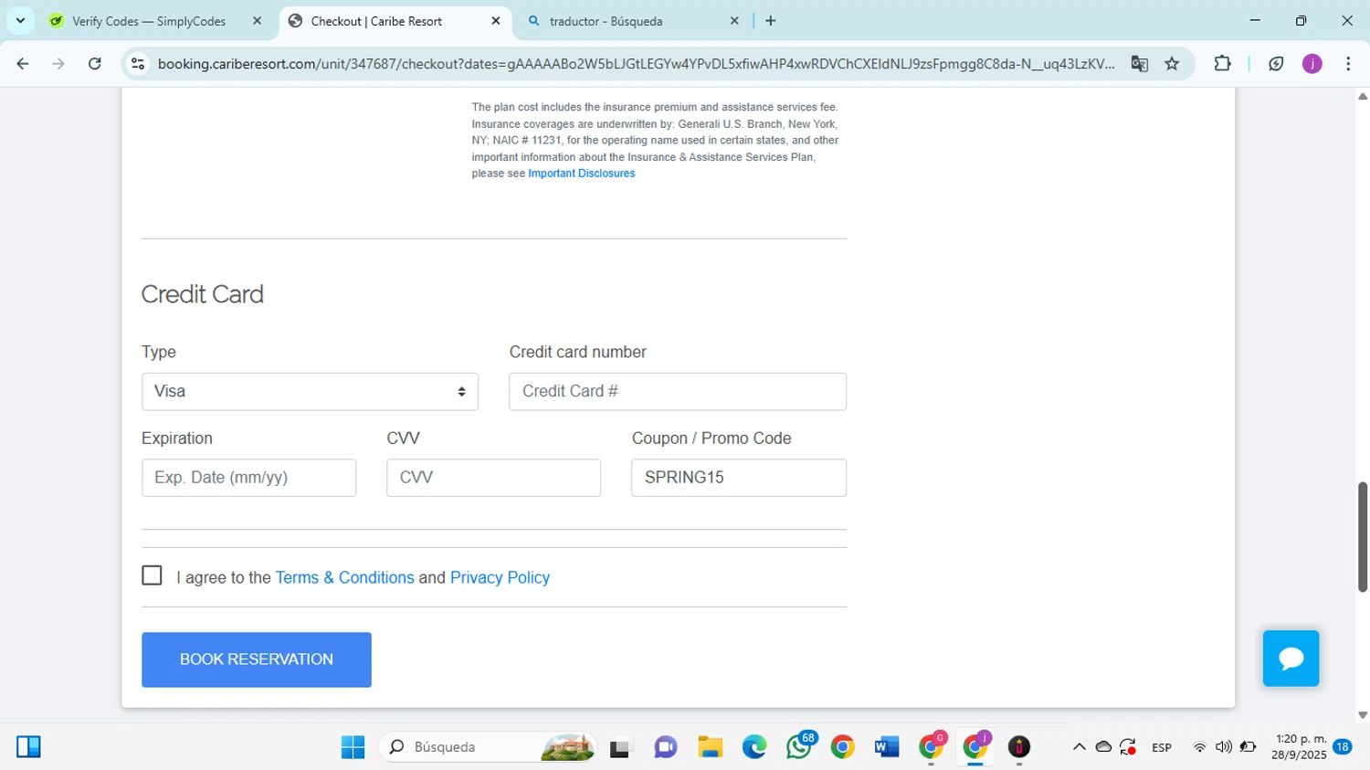Caribe Resort promo code screenshot showing code SPRING15 applied at Caribe Resort checkout page. Uploaded by SimplyCodes community member christophersierra on Sep 28, 2025