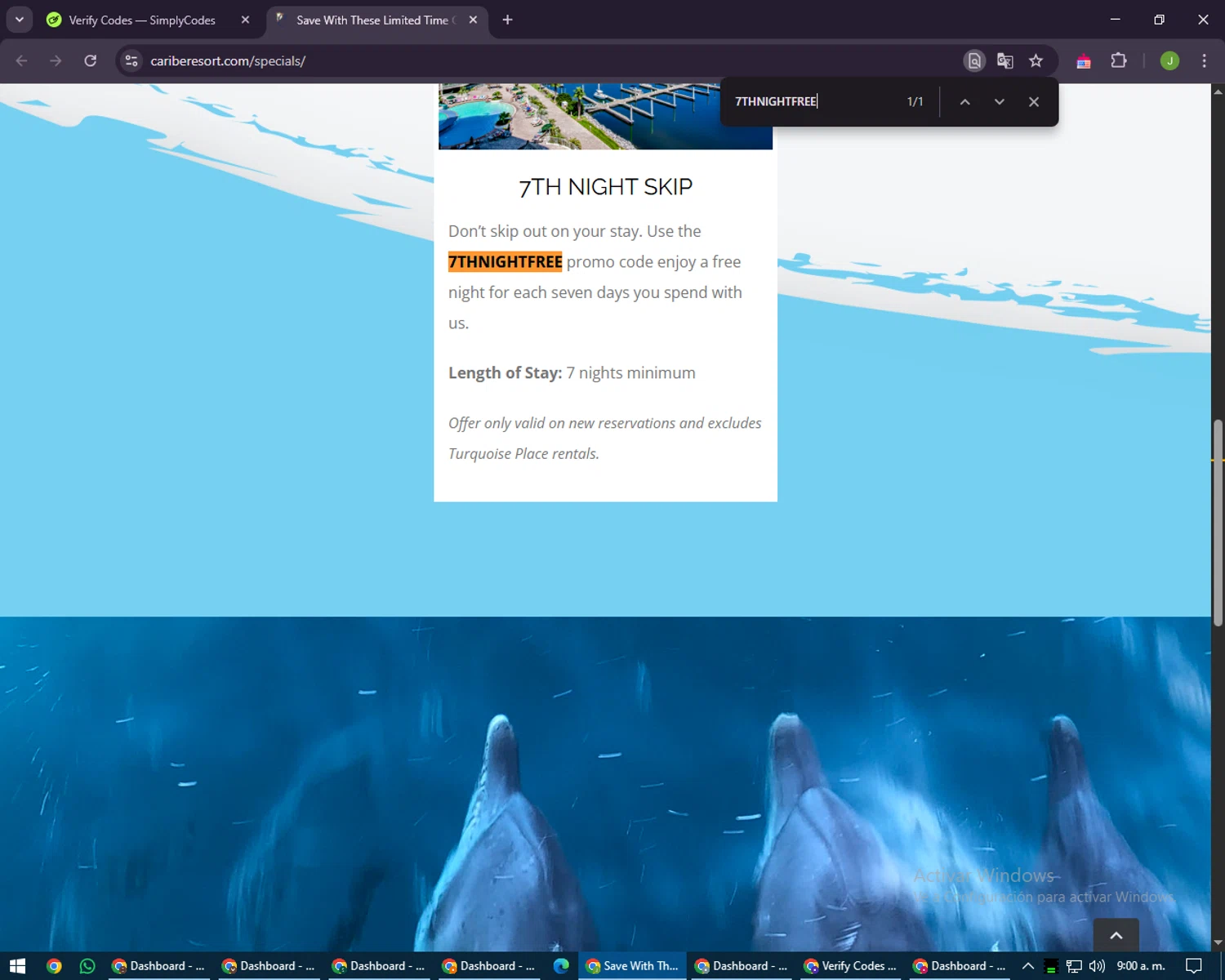 Caribe Resort promo code screenshot showing code 7THNIGHTFREE applied at Caribe Resort checkout page. Uploaded by SimplyCodes community member LilBaby on May 7, 2025
