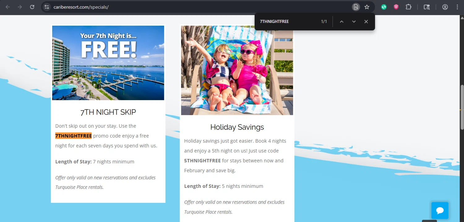Caribe Resort promo code screenshot showing code 7THNIGHTFREE applied at Caribe Resort checkout page. Uploaded by SimplyCodes community member xaswqe on Nov 23, 2025