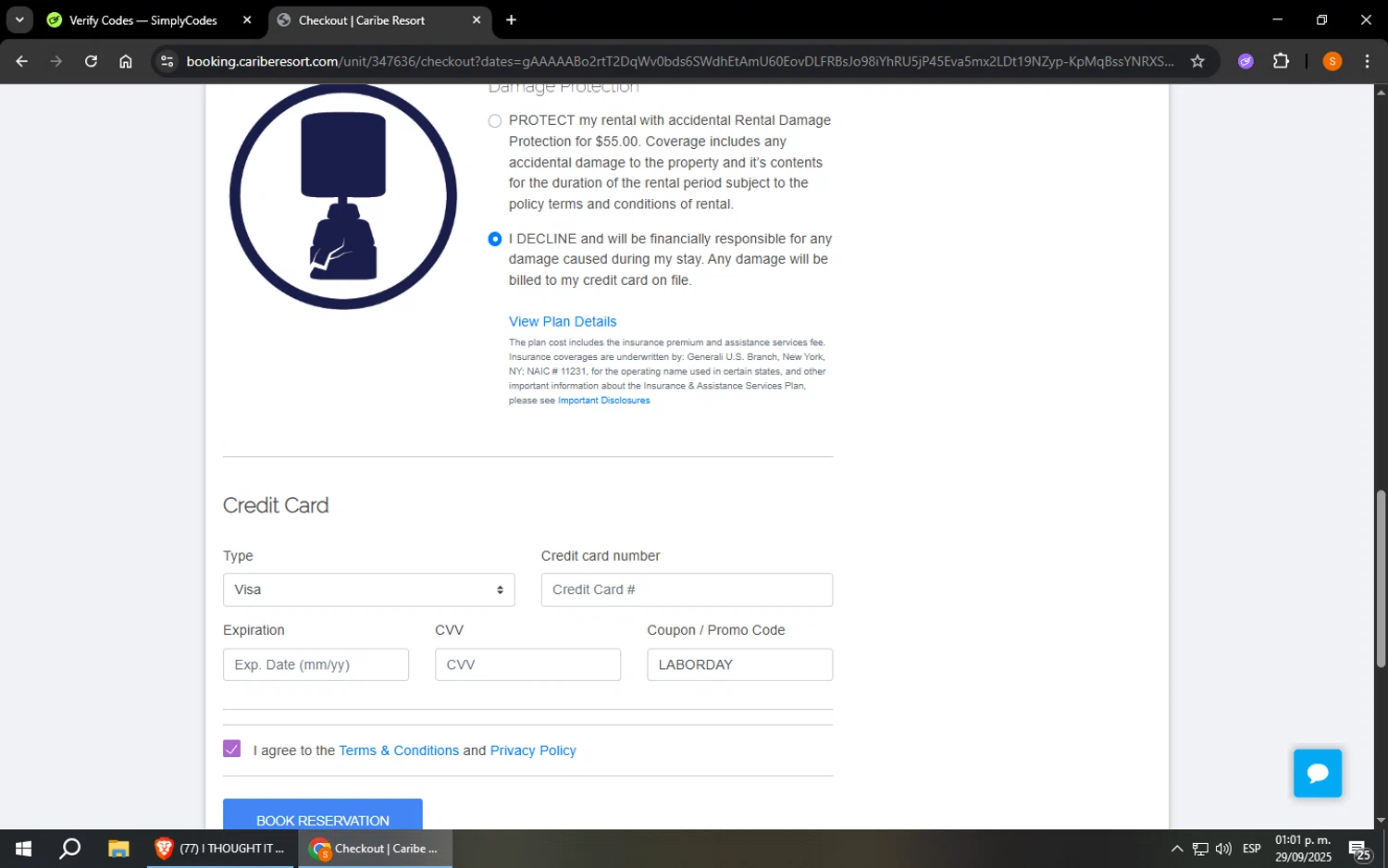 Caribe Resort checkout page showing Caribe Resort promo code box | Screenshot taken by SimplyCodes community member on Sep 29, 2025