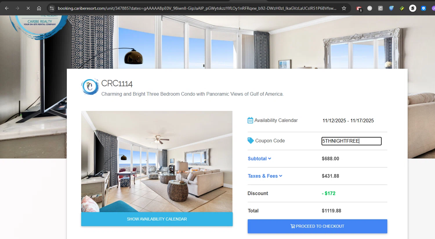 Caribe Resort promo code screenshot showing code 5THNIGHTFREE applied at Caribe Resort checkout page. Uploaded by SimplyCodes community member couponcheck02 on Nov 11, 2025