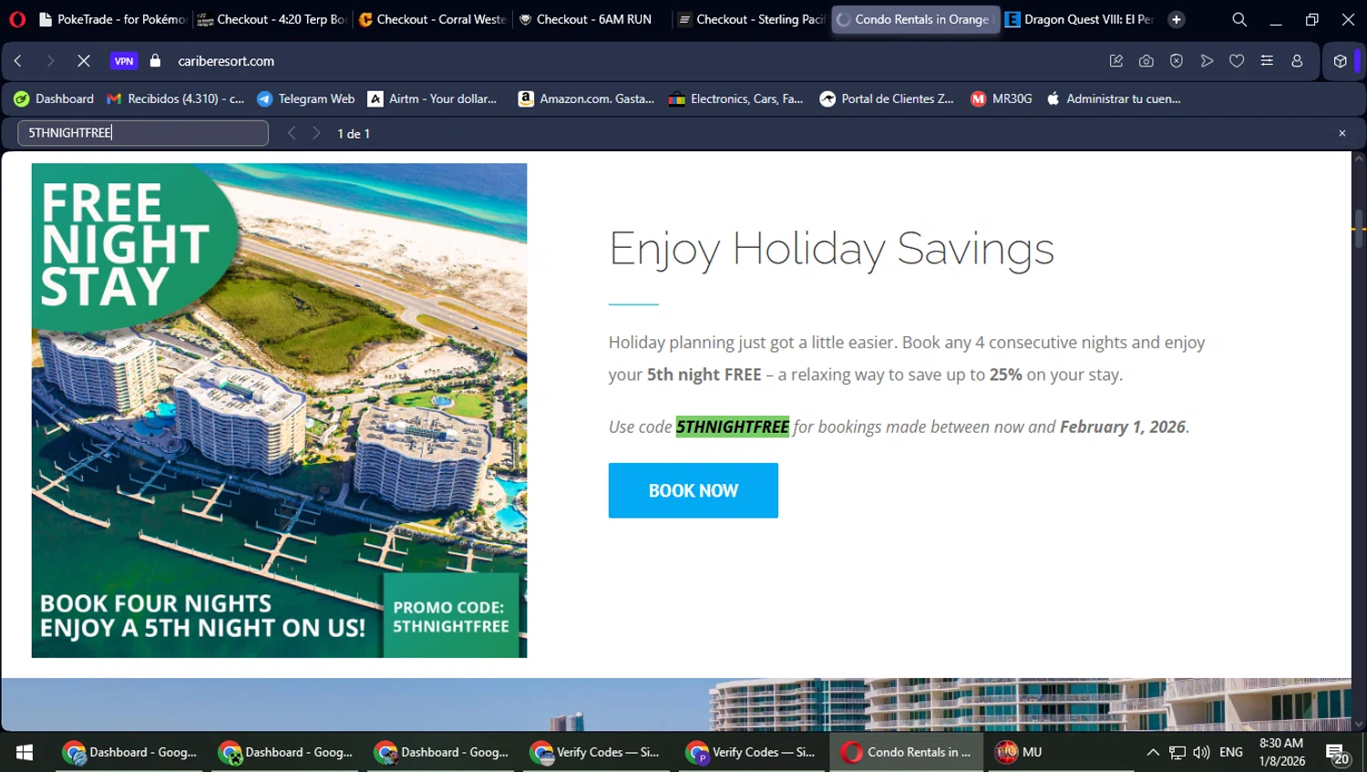 Caribe Resort checkout page showing Caribe Resort promo code box | Screenshot taken by SimplyCodes community member on Jan 8, 2026