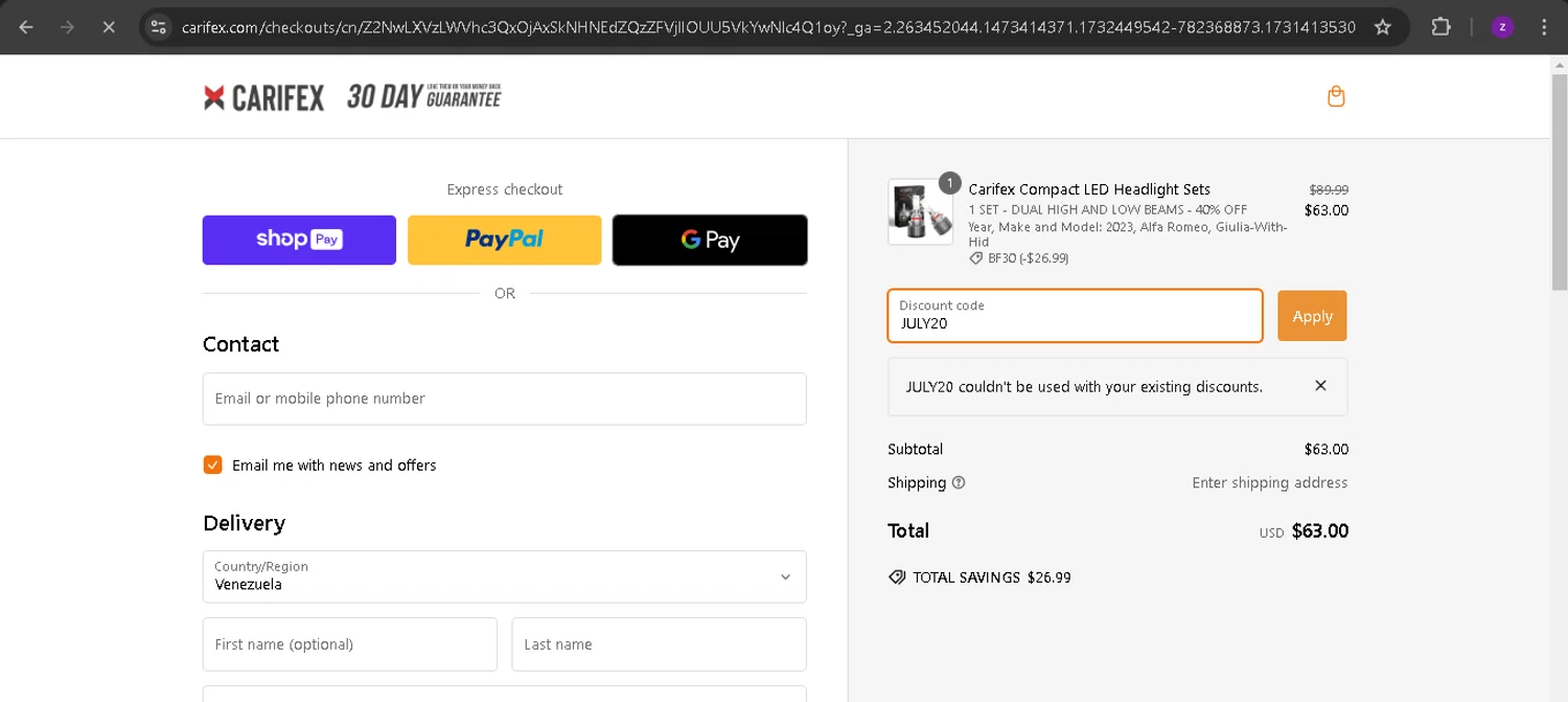 where to use Carifex promo code box