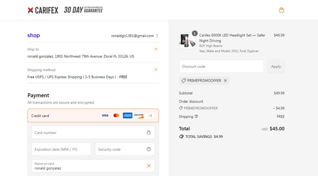 Carifex checkout page showing Carifex discount code box | Screenshot taken by SimplyCodes community member on Sep 3, 2025
