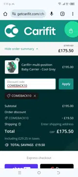 COMEBACK10 coupon verification screenshot