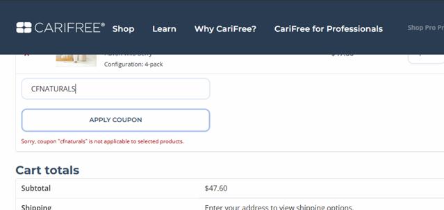 CariFree checkout page showing CariFree coupon code box | Screenshot taken by SimplyCodes community member on Sep 8, 2025