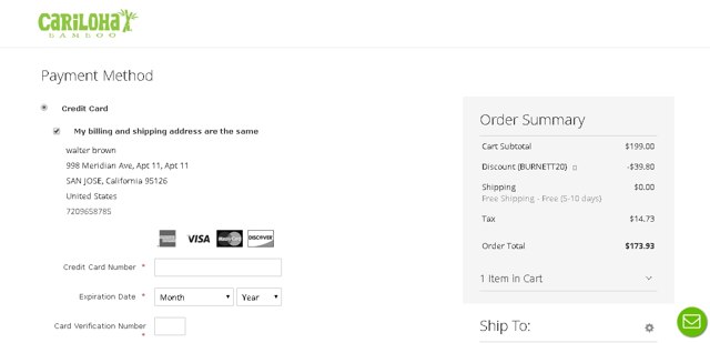 Cariloha checkout page showing Cariloha coupon code box | Screenshot taken by SimplyCodes community member on May 1, 2020