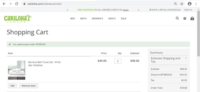 Cariloha checkout page showing Cariloha coupon code box | Screenshot taken by SimplyCodes community member on May 6, 2020