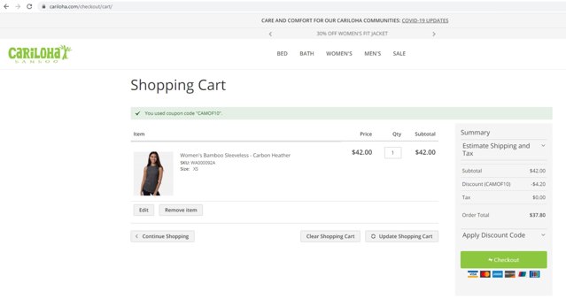 Cariloha checkout page showing Cariloha coupon code box | Screenshot taken by SimplyCodes community member on May 13, 2020