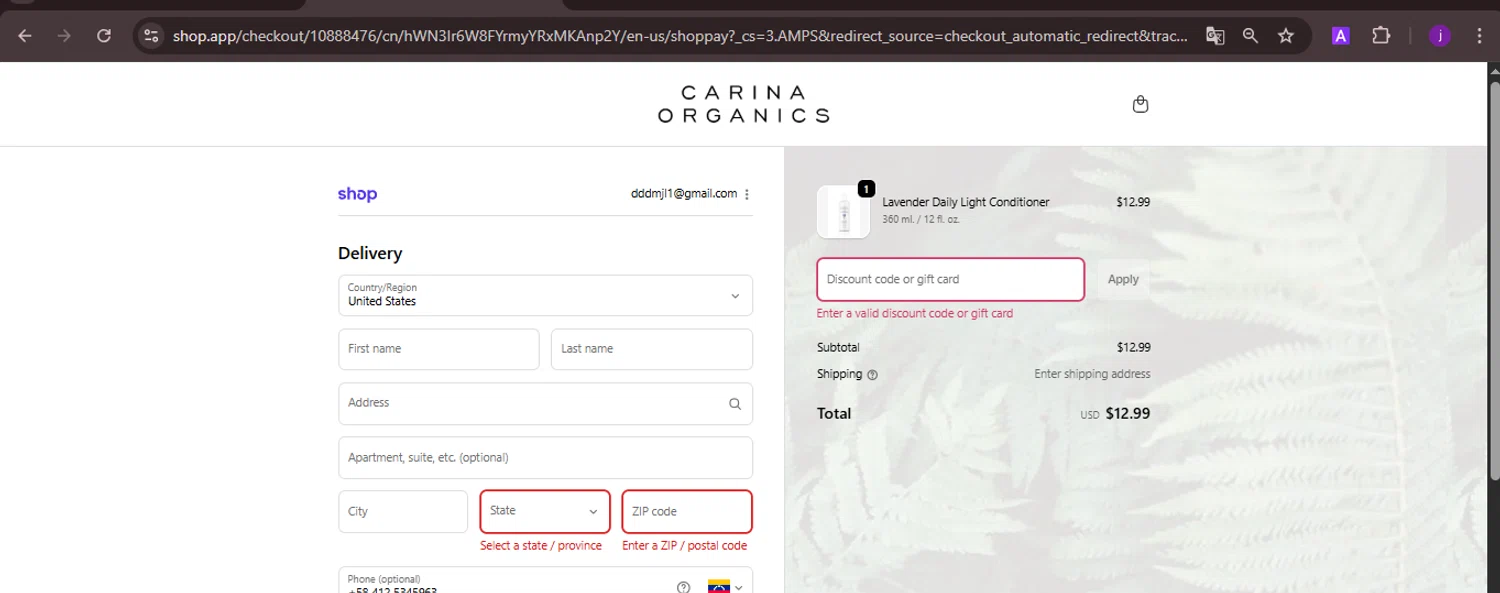 Carina discount code screenshot showing code WELCOME10 applied at Carina checkout page. Uploaded by SimplyCodes community member CoinMaverick1452 on Sep 23, 2025