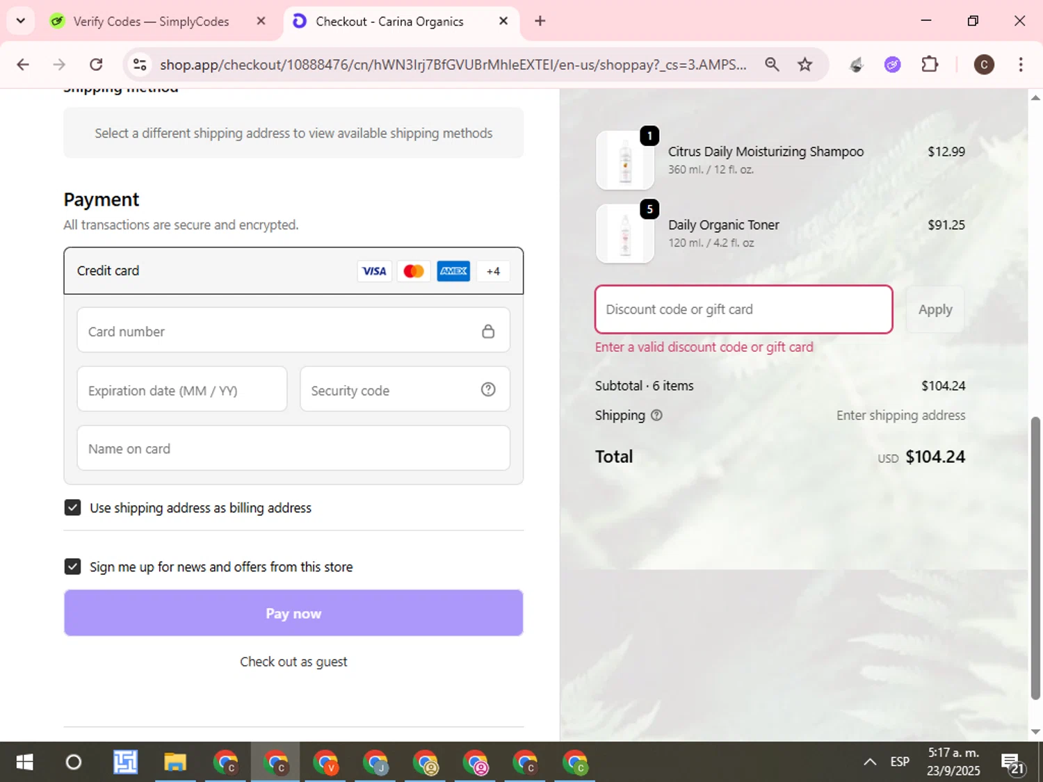 Carina discount code screenshot showing code WELCOME10 applied at Carina checkout page. Uploaded by SimplyCodes community member WonderCurator7831 on Sep 23, 2025