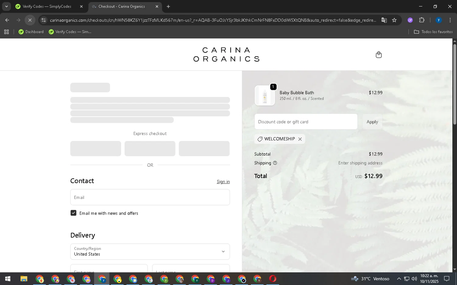 Carina discount code screenshot showing code WELCOMESHIP applied at Carina checkout page. Uploaded by SimplyCodes community member Libreta on Nov 10, 2025