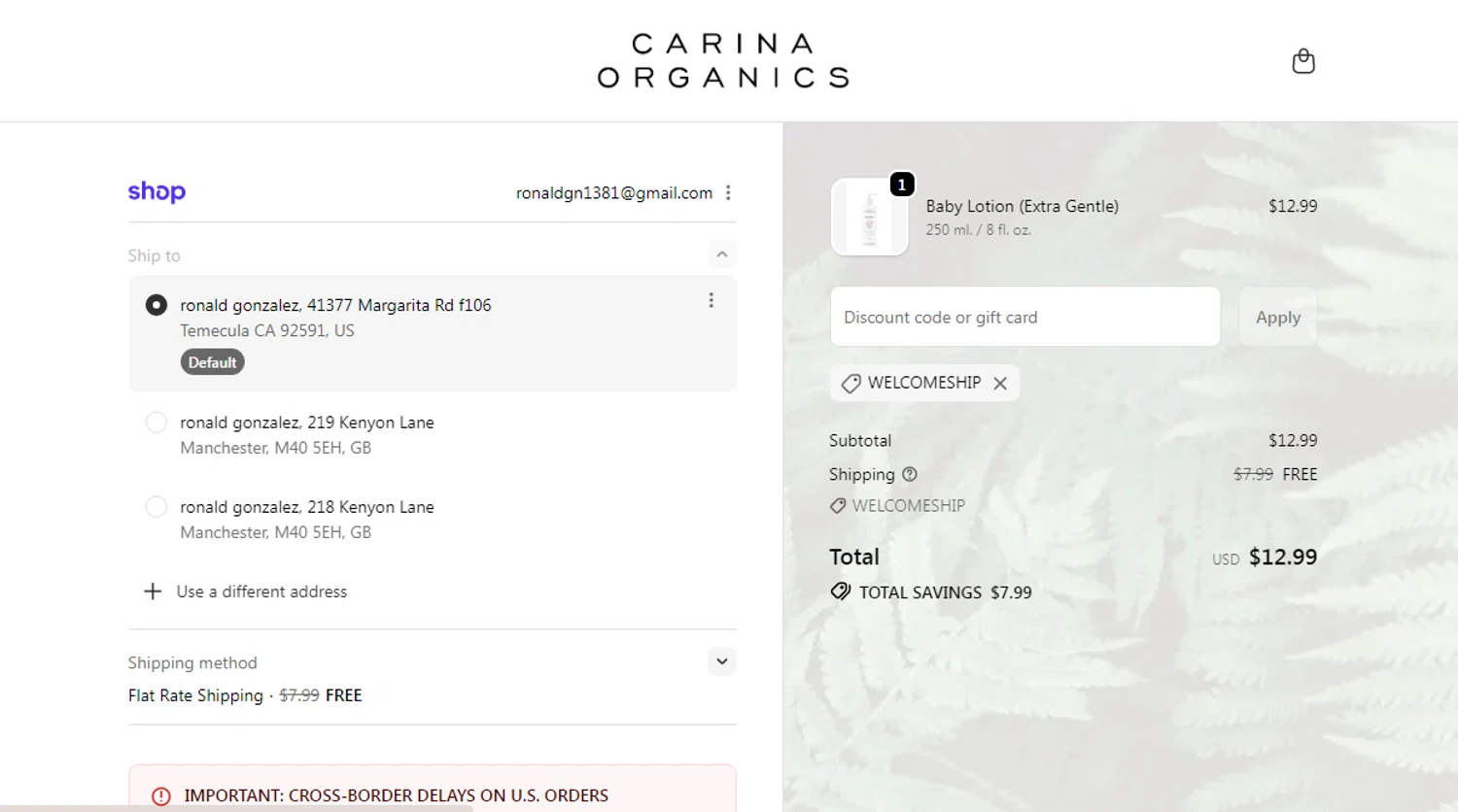 Carina discount code screenshot showing code WELCOMESHIP applied at Carina checkout page. Uploaded by SimplyCodes community member SavvyHawk656 on Oct 29, 2025