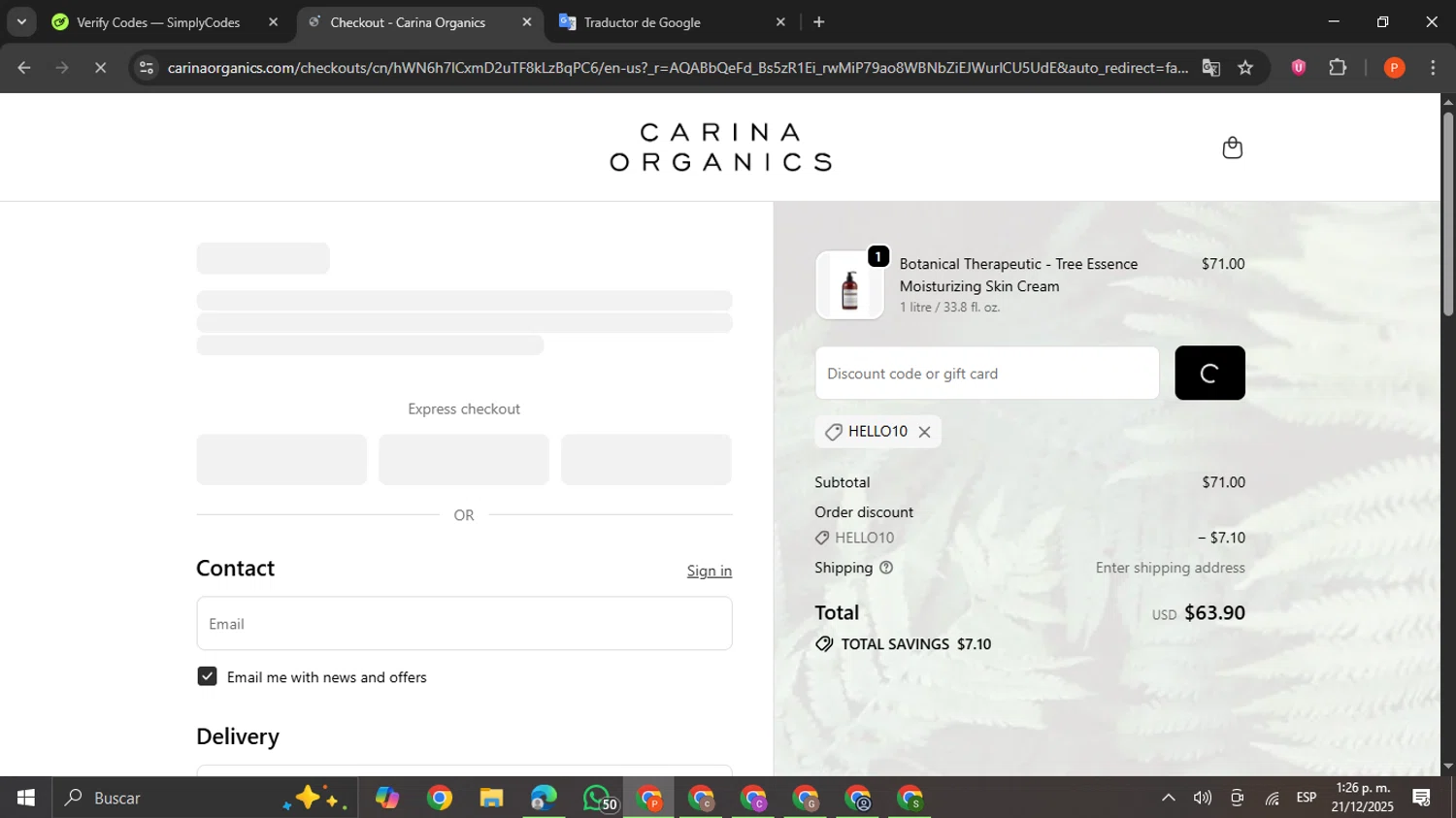 Carina discount code screenshot showing code HELLO10 applied at Carina checkout page. Uploaded by SimplyCodes community member VictoriousCaptain2658 on Dec 21, 2025