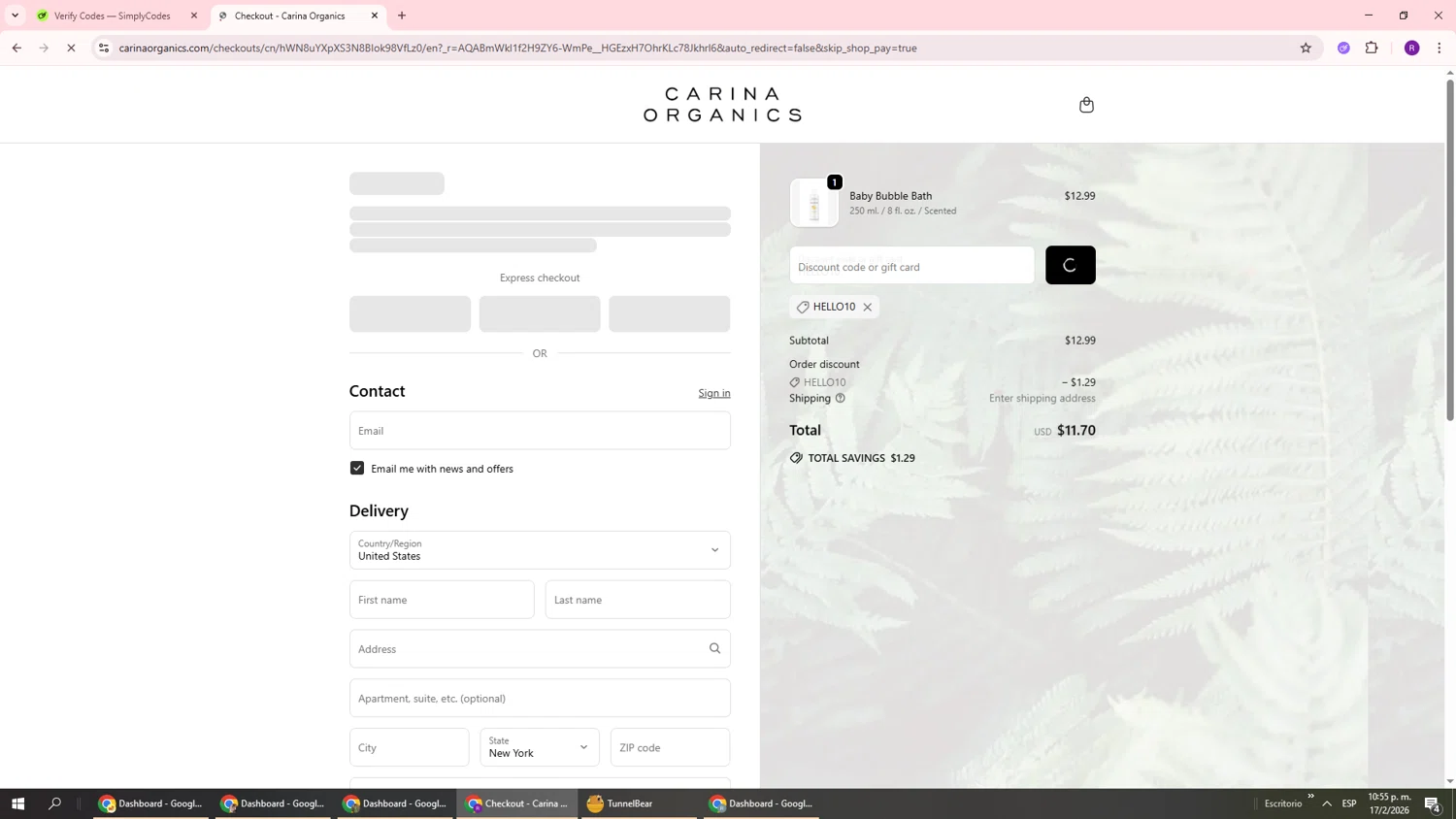 Carina checkout page showing Carina discount code box | Screenshot taken by SimplyCodes community member on Feb 18, 2026