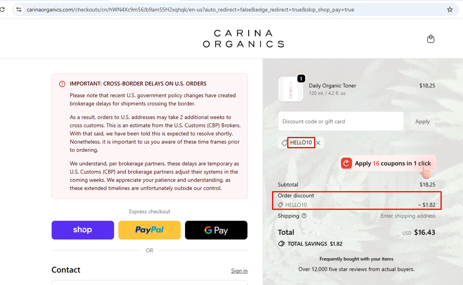 Carina discount code screenshot showing code HELLO10 applied at Carina checkout page. Uploaded by SimplyCodes community member nileskamarcano on Oct 26, 2025