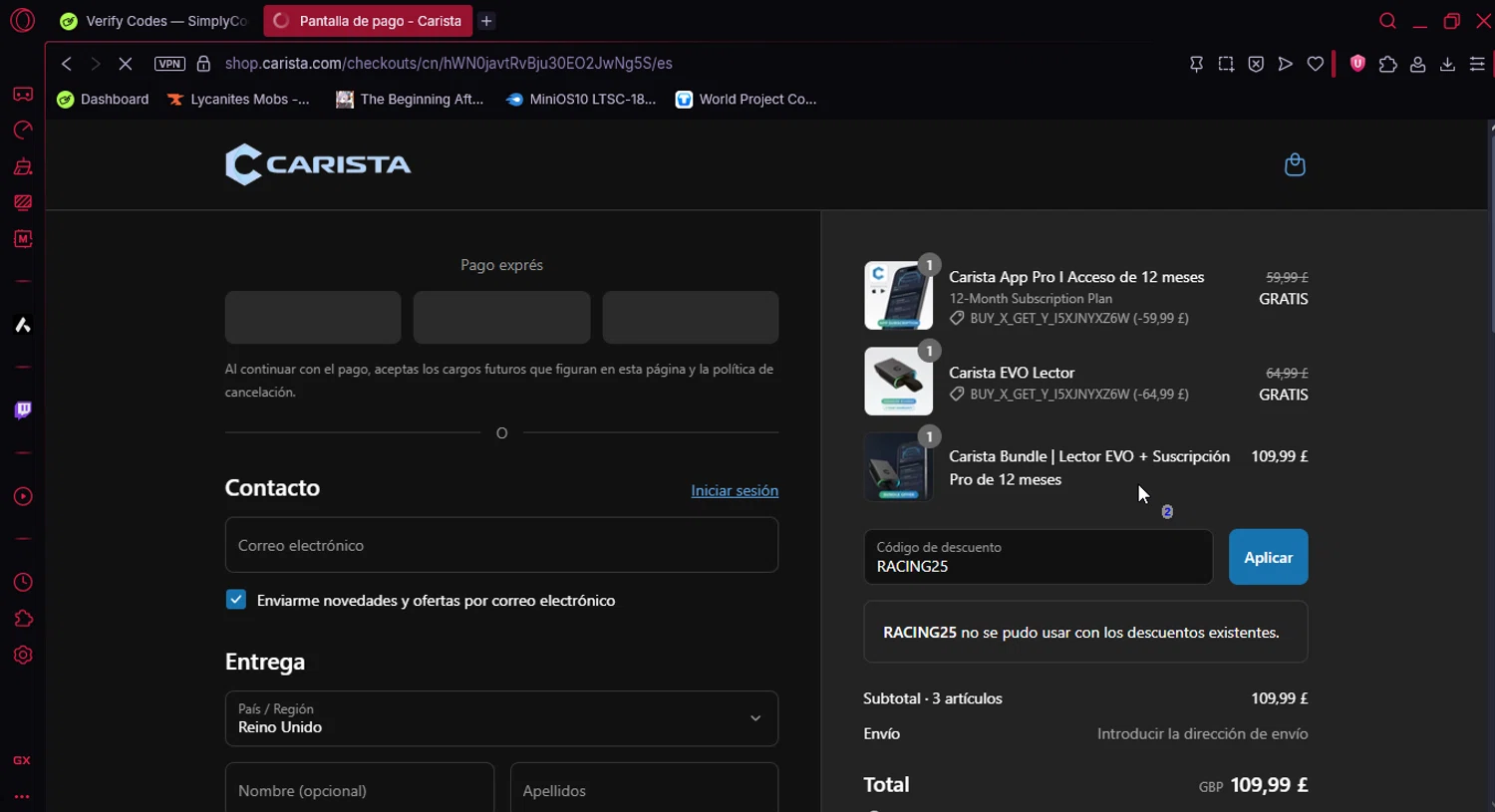 Carista discount code screenshot showing code RACING25 applied at Carista checkout page. Uploaded by SimplyCodes community member Ema007 on Jul 17, 2025