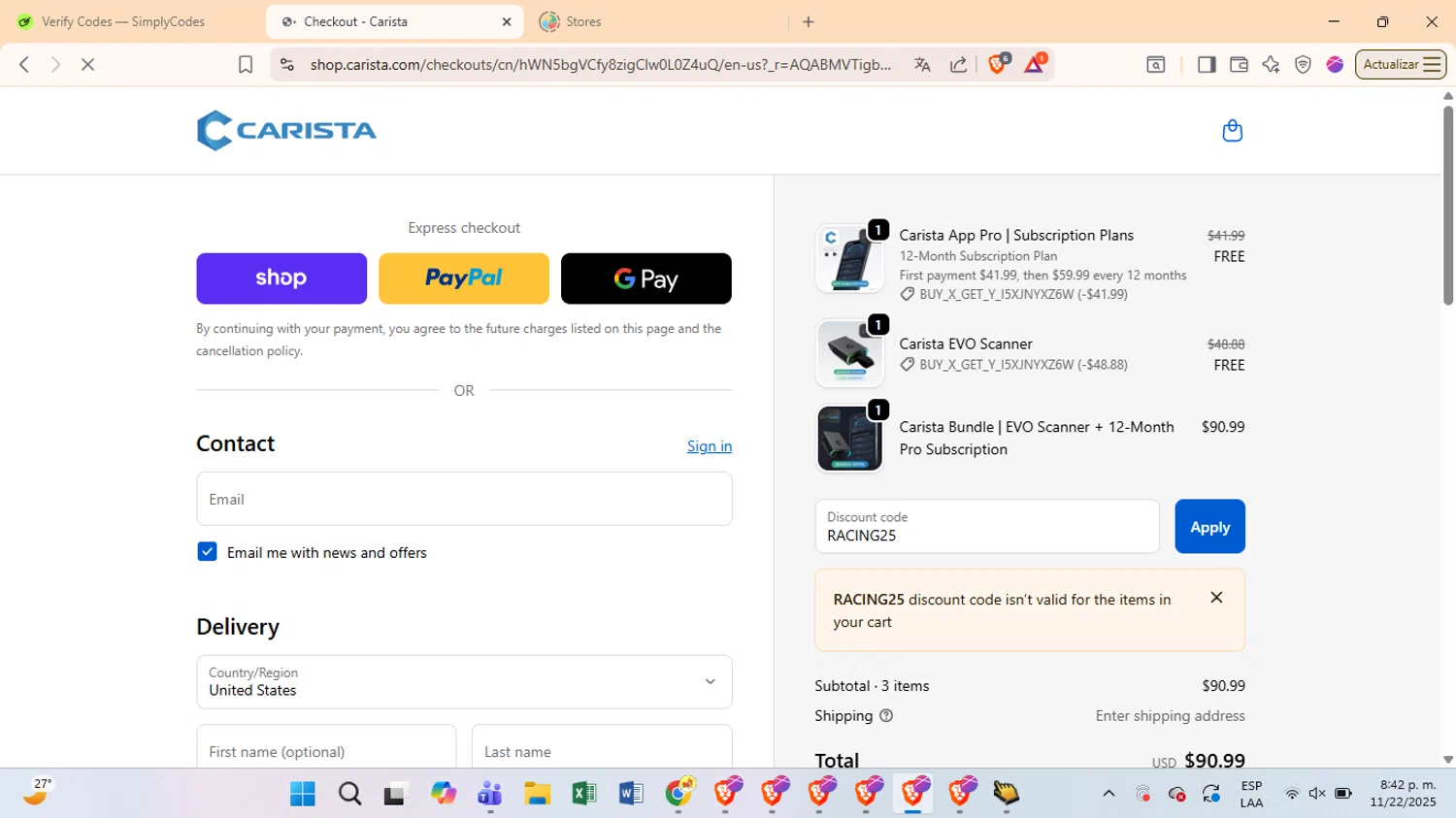 Carista discount code screenshot showing code RACING25 applied at Carista checkout page. Uploaded by SimplyCodes community member LuckyMonarch673 on Nov 23, 2025