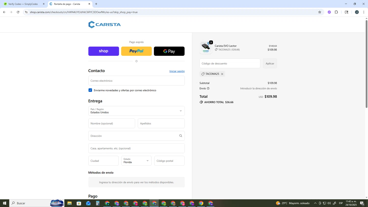 Carista checkout page showing Carista discount code box | Screenshot taken by SimplyCodes community member on Oct 24, 2025