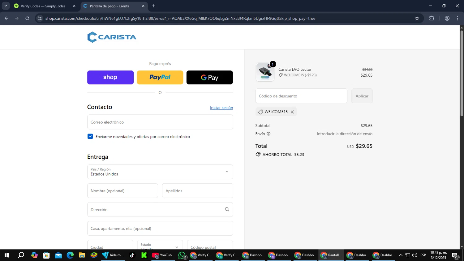 Carista discount code screenshot showing code WELCOME15 applied at Carista checkout page. Uploaded by SimplyCodes community member MoneyPilot9165 on Dec 4, 2025