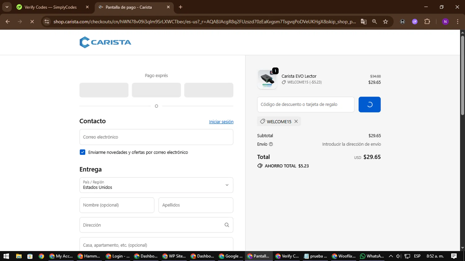 Carista checkout page showing Carista discount code box | Screenshot taken by SimplyCodes community member on Jan 2, 2026