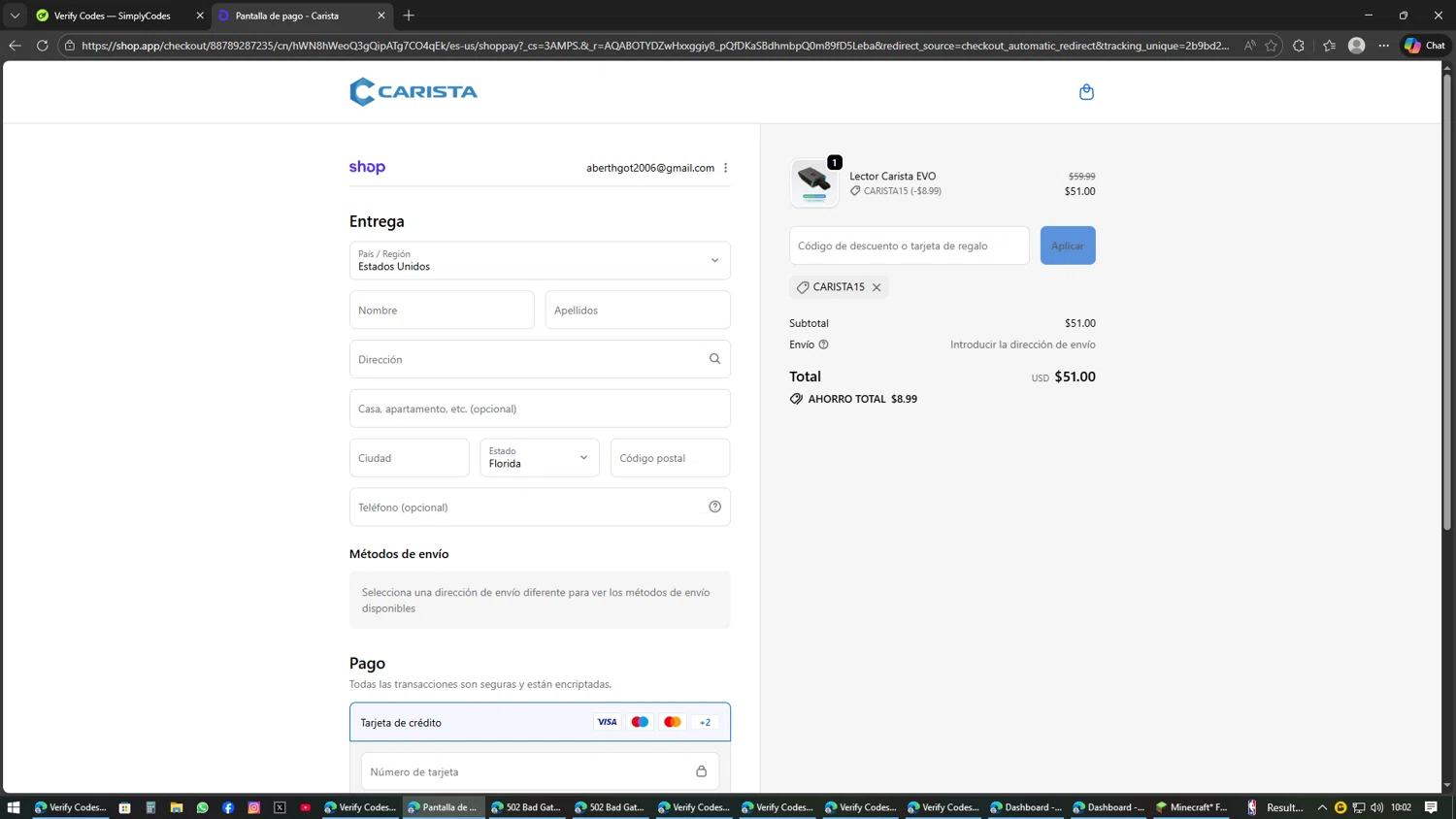 Carista checkout page showing Carista discount code box | Screenshot taken by SimplyCodes community member on Feb 12, 2026