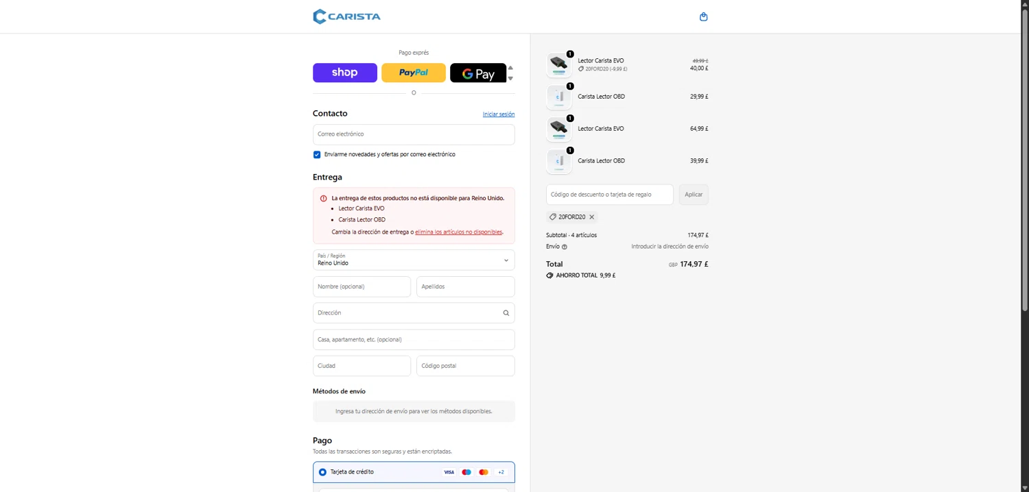 Carista checkout page showing Carista discount code box | Screenshot taken by SimplyCodes community member on Feb 13, 2026