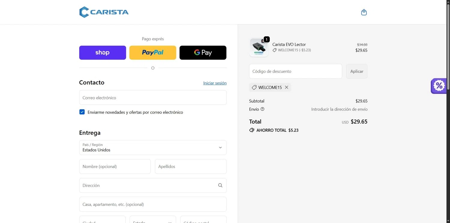 Carista discount code screenshot showing code WELCOME15 applied at Carista checkout page. Uploaded by SimplyCodes community member Depressive on Dec 4, 2025