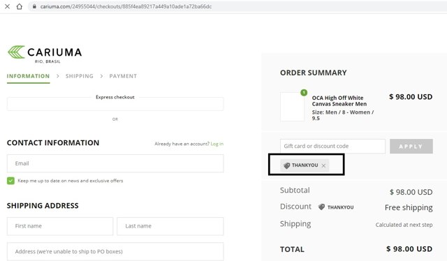 Cariuma checkout page showing Cariuma discount code box | Screenshot taken by SimplyCodes community member on May 7, 2020