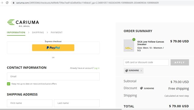 Cariuma checkout page showing Cariuma discount code box | Screenshot taken by SimplyCodes community member on May 19, 2020