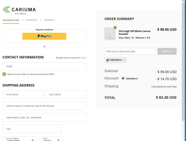 Cariuma checkout page showing Cariuma discount code box | Screenshot taken by SimplyCodes community member on May 21, 2020