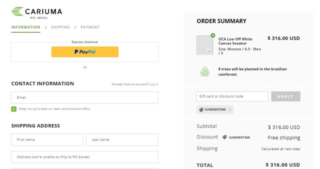 Cariuma checkout page showing Cariuma discount code box | Screenshot taken by SimplyCodes community member on Jul 4, 2020