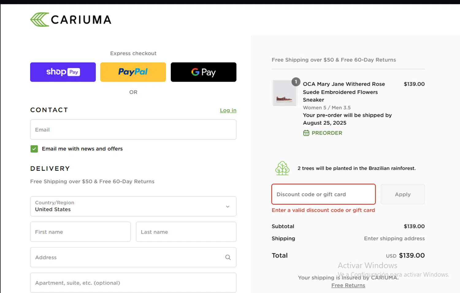 Cariuma discount code screenshot showing code WEARE5 applied at Cariuma checkout page. Uploaded by SimplyCodes community member Lestara_23 on Aug 5, 2025