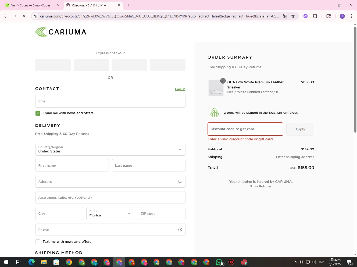 Cariuma discount code screenshot showing code WEARE5 applied at Cariuma checkout page. Uploaded by SimplyCodes community member ValueHero2277 on Jun 5, 2025
